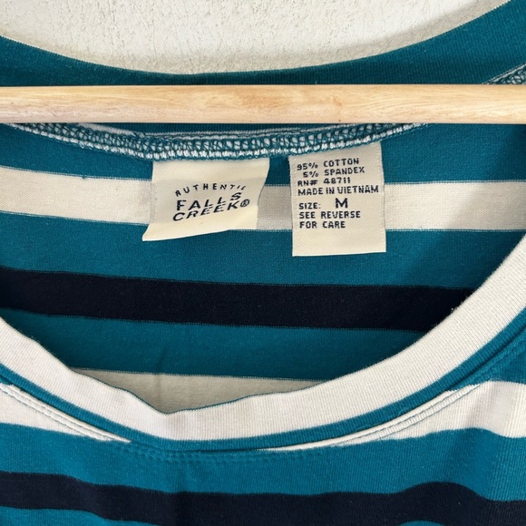 Vintage Falls Creek Medium Teal Black and White Striped Short Sleeve Top - Picture 2 of 3